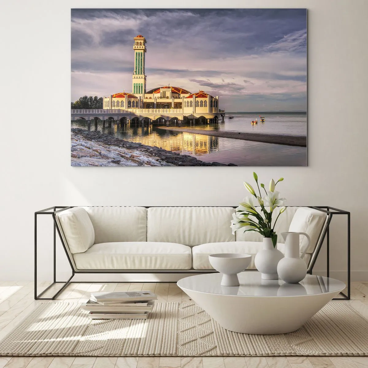 Obraz na szkle - Meczet na wodzie w malowniczym świetle - 70x50cm - Swiątynia natury - Nowoczesna dekoracja ścienna do salonu i sypialni ARTTOR