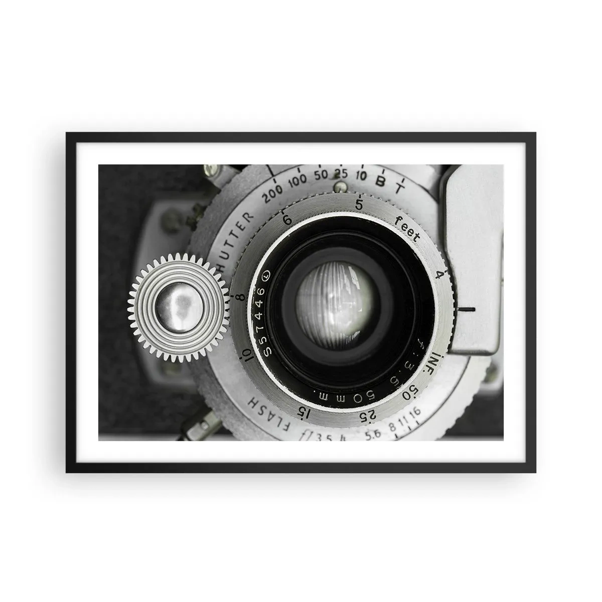 Plakat w czarnej ramie - Obiektyw starego aparatu fotograficznego - 70x50cm - Opowieść o Hollywood - Nowoczesna dekoracja ścienna do salonu i sypialni ARTTOR