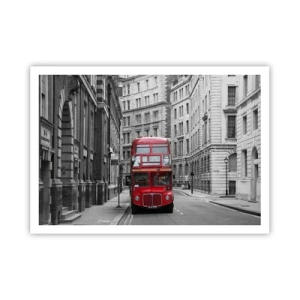 Plakat - Czerwony autobus na tle czarno-białych budynków miejskich - 100x70cm - Codzienność nie musi być szara - Nowoczesna dekoracja ścienna do salonu i sypialni ARTTOR