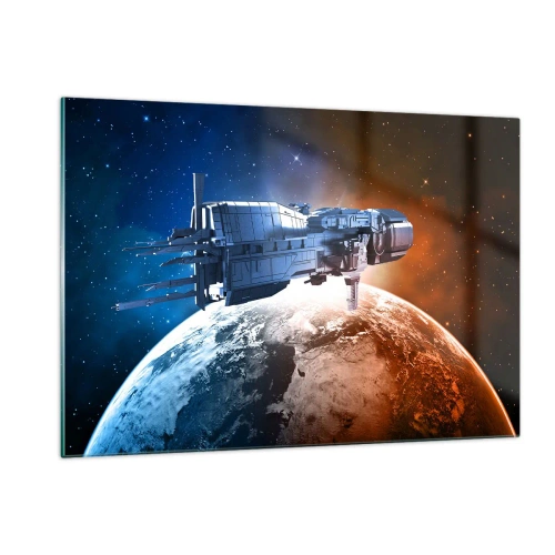 Obraz na szkle - Kosmiczny statek na orbicie planety w świetle gwiazd - 120x80cm - Uważny obserwator - Nowoczesna dekoracja ścienna do salonu, kuchni i sypialni ARTTOR