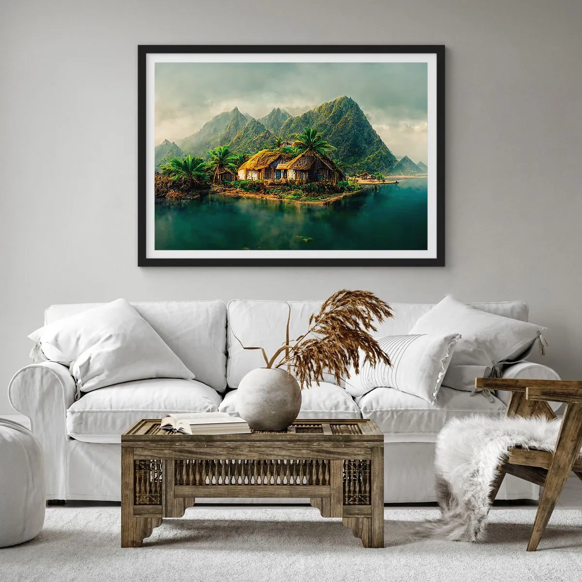 Plakat w czarnej ramie - Tropikalna wyspa z palmami i górami w tle - 70x50cm - Tropikalny raj - Nowoczesna dekoracja ścienna do salonu i sypialni ARTTOR