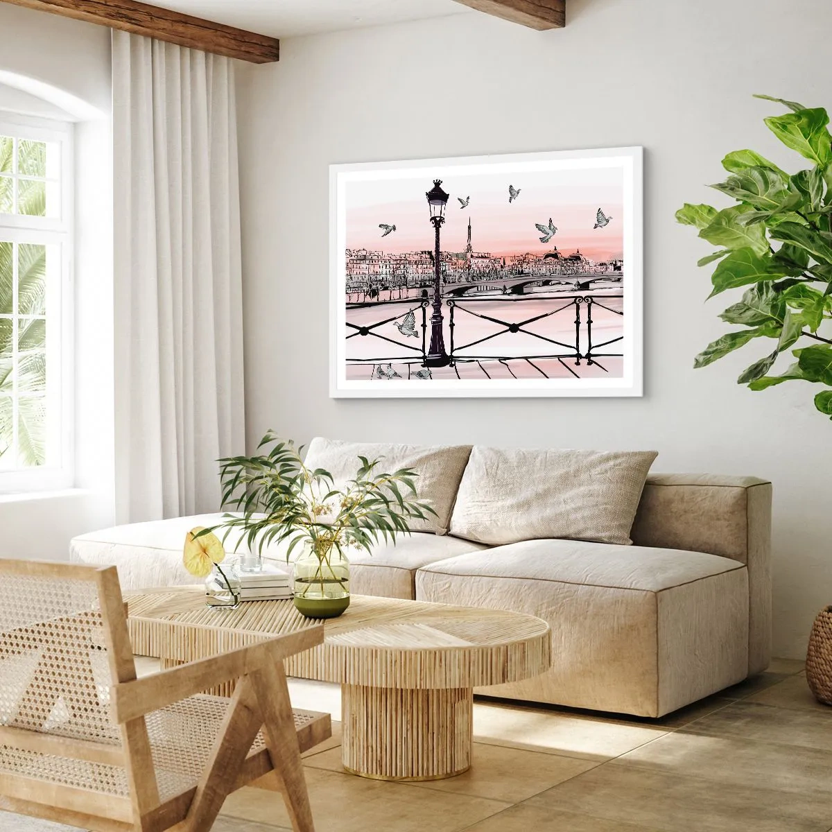 Plakat w białej ramie - Nad dachami Paryża - 91x61 cm