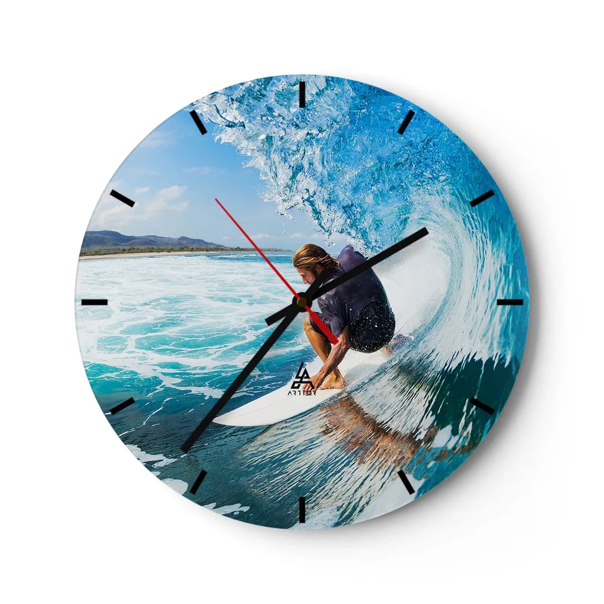 Zegar ścienny - Surfer w tunelu wodnej fali - 30x30cm - Tańczący z falami - Nowoczesna dekoracja ścienna do salonu, kuchni i sypialni ARTTOR