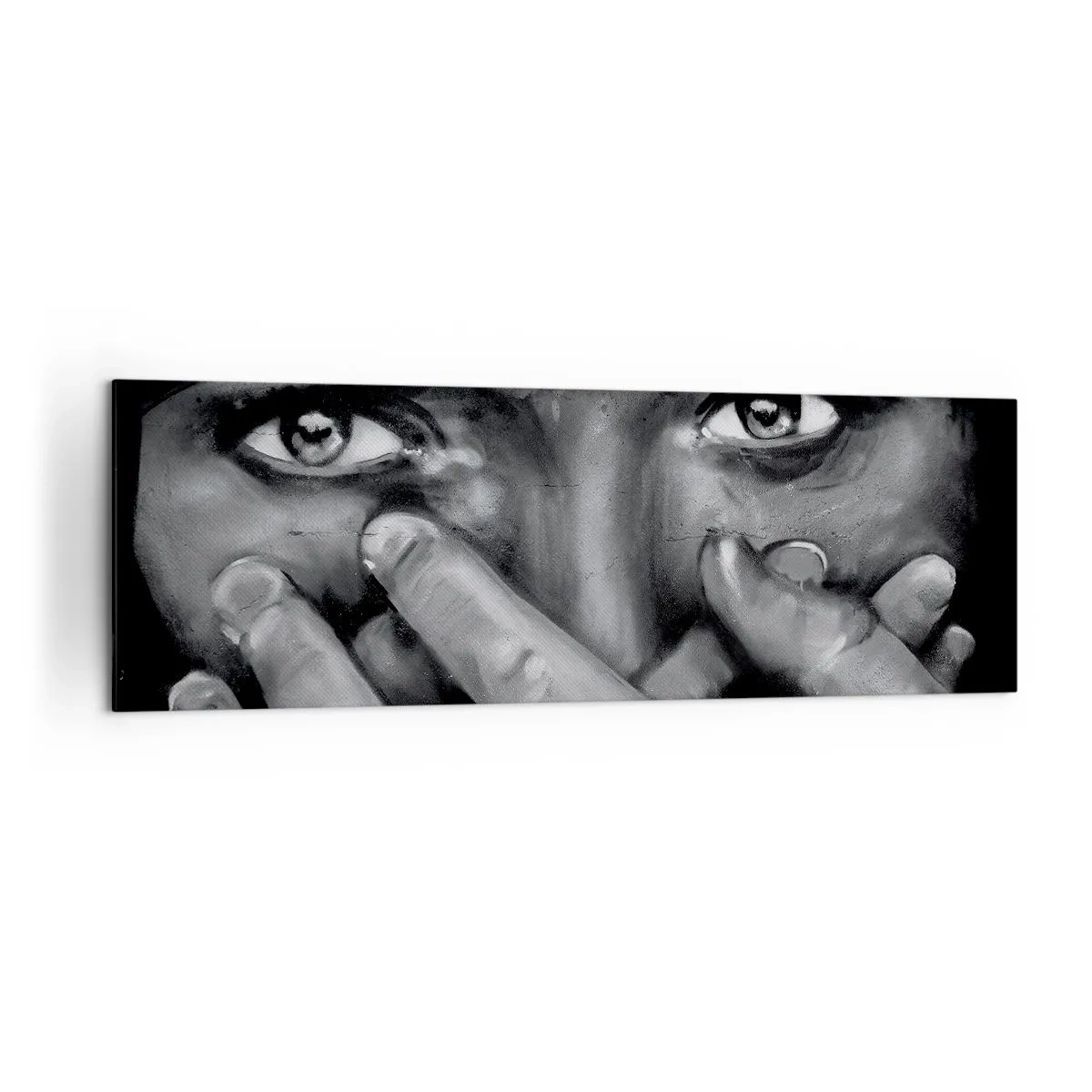 Obraz na płótnie - Czarno-biały portret kobiety zakrywającej twarz dłońmi - 160x50cm - Nie powiem, kto namalował - Nowoczesna dekoracja ścienna do salonu i sypialni ARTTOR