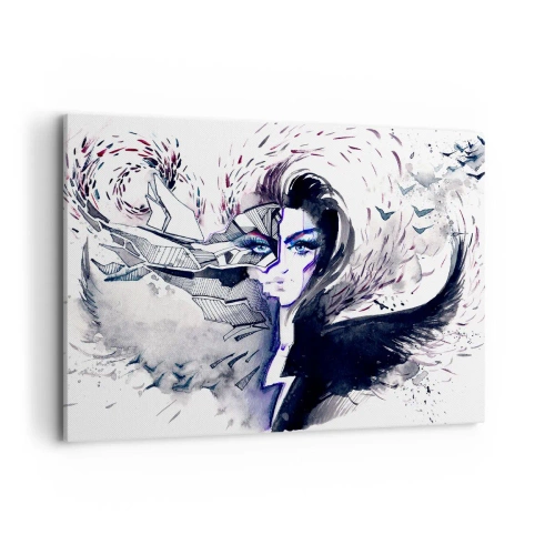 Obraz na płótnie - Abstrakcyjna twarz z kontrastowymi elementami i motywem skrzydeł - 100x70cm - Demoniczna i piękna - Nowoczesna dekoracja ścienna do salonu, kuchni i sypialni ARTTOR