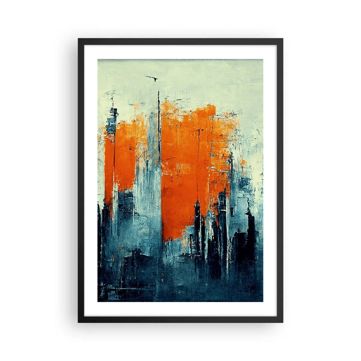 Plakat w czarnej ramie - Abstrakcyjna panorama miasta w odcieniach pomarańczu i granatu - 50x70cm - Pejzaż nowoczesny - Nowoczesna dekoracja ścienna do salonu i sypialni ARTTOR