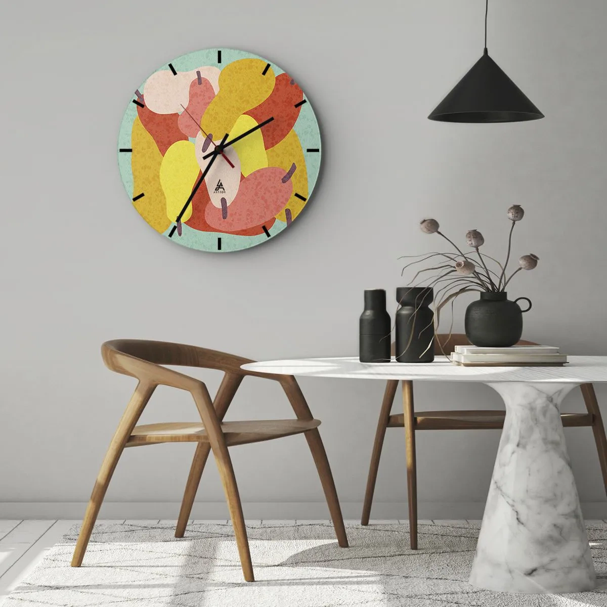 Zegar ścienny - Kolorowe gruszki w stylu graficznym na tle turkusu - 30x30cm - Spróbuj letniego słońca - Nowoczesna dekoracja ścienna do salonu, kuchni i sypialni ARTTOR