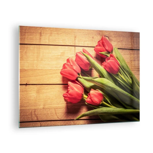 Obraz na szkle - Czerwone tulipany na drewnianej desce - 70x50cm - Wiosenne wyznanie - Nowoczesna dekoracja ścienna do salonu i sypialni ARTTOR