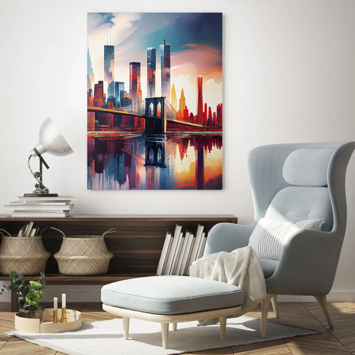 Obraz na szkle - Panorama Nowego Jorku z mostem i odbiciem w wodzie - 70x100cm - Zjawiskowy Nowy Jork - Nowoczesna dekoracja ścienna do salonu i sypialni ARTTOR