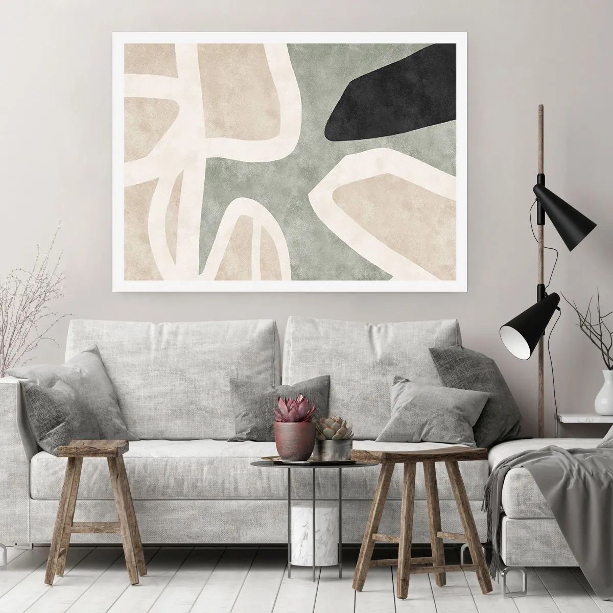 Plakat - Abstrakcyjne kształty w stonowanych barwach - 100x70cm - Kompozycja z motywem czerni - Nowoczesna dekoracja ścienna do salonu i sypialni ARTTOR
