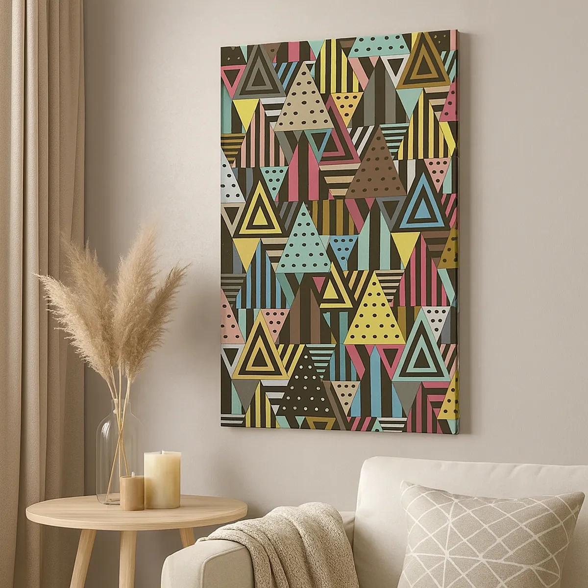 Obraz na płótnie - Kolorowa kompozycja geometrycznych trójkątów - 50x70cm - W rytmie na trzy - Nowoczesna dekoracja ścienna do salonu, kuchni i sypialni ARTTOR