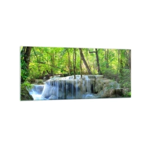 Obraz na szkle - Wodospad wśród zielonych drzew z błękitną wodą w naturalnym otoczeniu - 120x50cm - Utonąć w turkusie i w zieleni - Nowoczesna dekoracja ścienna do salonu i sypialni ARTTOR