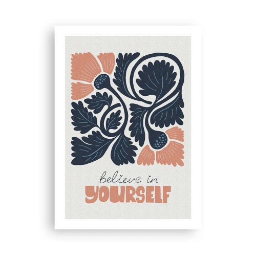 Plakat - Stylizowane kwiaty w granacie i różu z inspirującym napisem - 50x70cm - I ty rozkwitaj - Nowoczesna dekoracja ścienna do salonu, kuchni i sypialni ARTTOR