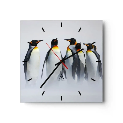 Zegar ścienny - Grupa pingwinów cesarskich w zimowej mgle - 30x30cm - Spotkanie w wieczorowych strojach - Nowoczesna dekoracja ścienna do salonu i sypialni ARTTOR