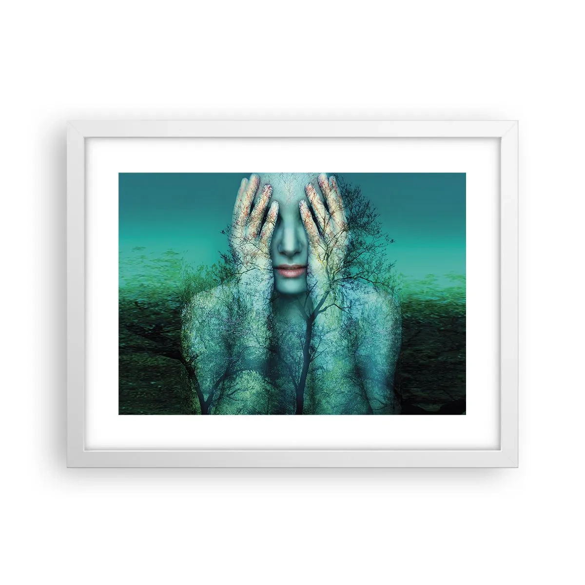 Plakat w białej ramie - Zanurzona w błękicie - 40x30 cm