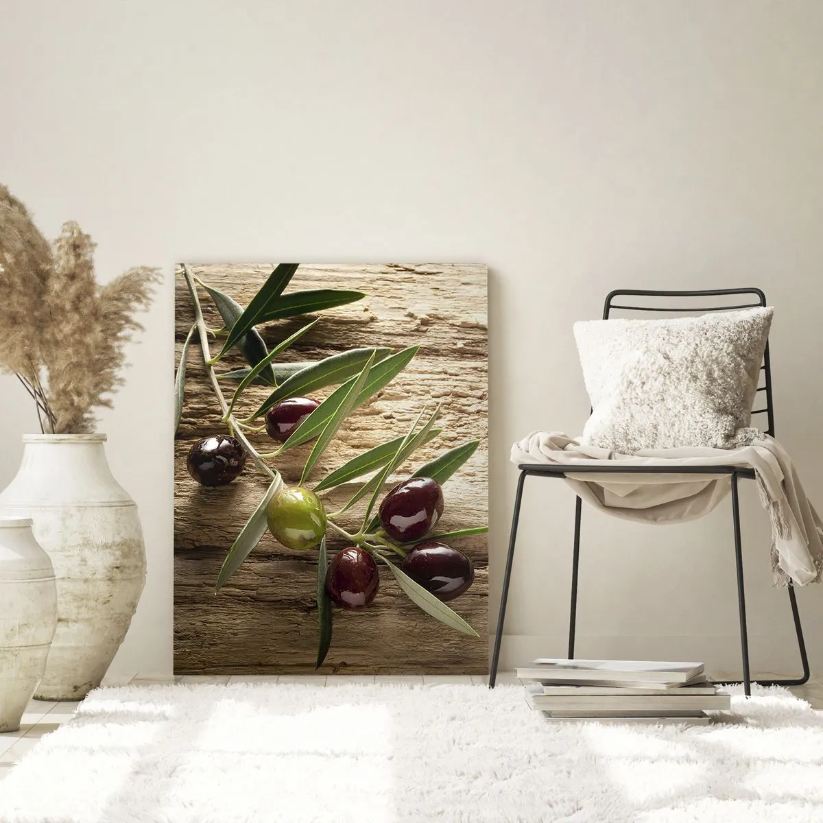 Obraz na szkle - Gałązka oliwna z owocami na tle postarzanego drewna - 70x100cm - Prosto od natury - Nowoczesna dekoracja ścienna do salonu i sypialni ARTTOR