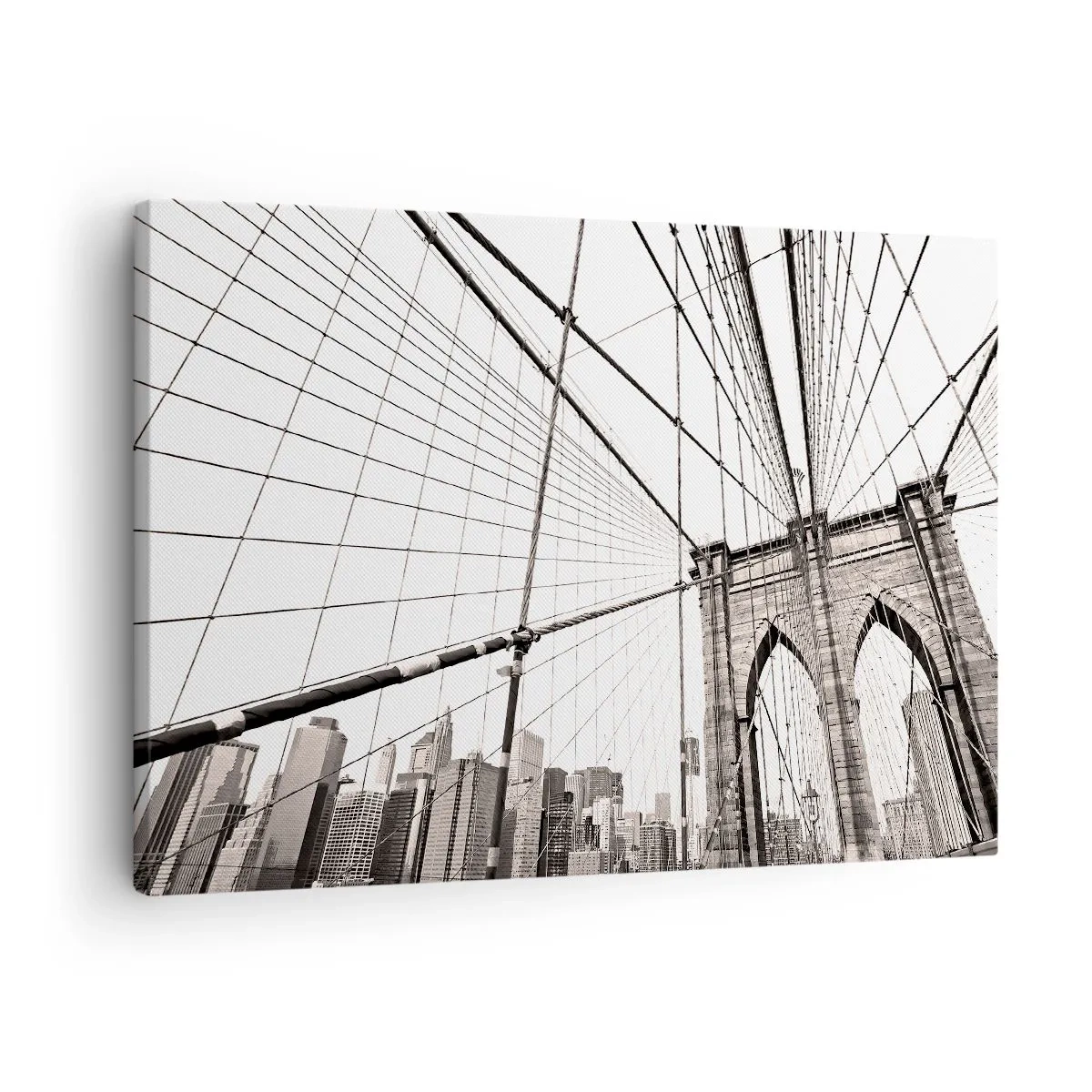 Obraz na płótnie - Most Brooklyn w monochromatycznym ujęciu - 70x50cm - Nowojorska katedra - Nowoczesna dekoracja ścienna do salonu i sypialni ARTTOR