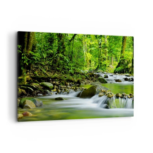 Obraz na płótnie - Strumień w lesie tropikalnym z bujną zielenią - 100x70cm - Popłynąć w morzu zieleni - Nowoczesna dekoracja ścienna do salonu, kuchni i sypialni ARTTOR