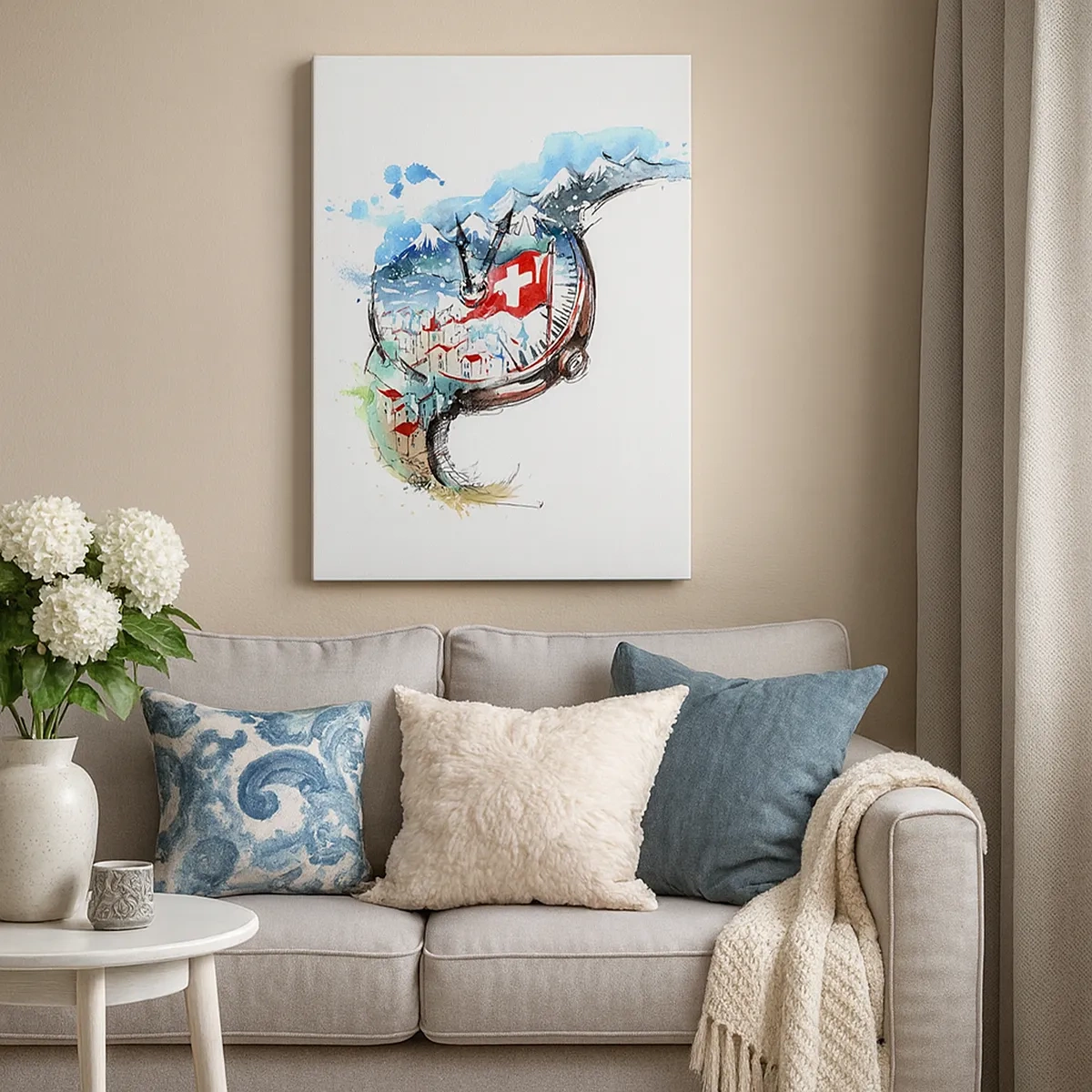 Obraz na płótnie - Akwarelowy zegarek kieszonkowy z krajobrazem Szwajcarii i Alp - 50x70cm - Duch Szwajcarii - Nowoczesna dekoracja ścienna do salonu, kuchni i sypialni ARTTOR