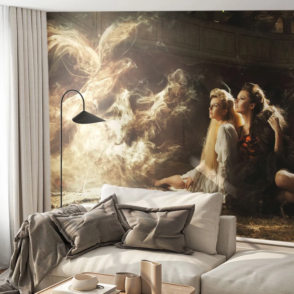 Fototapeta Premium Canvas - Dwie kobiety w magicznej scenerii z eterycznymi efektami świetlnymi - 100x70cm - I stała się poezja - Nowoczesna dekoracja ścienna do salonu i sypialni ARTTOR