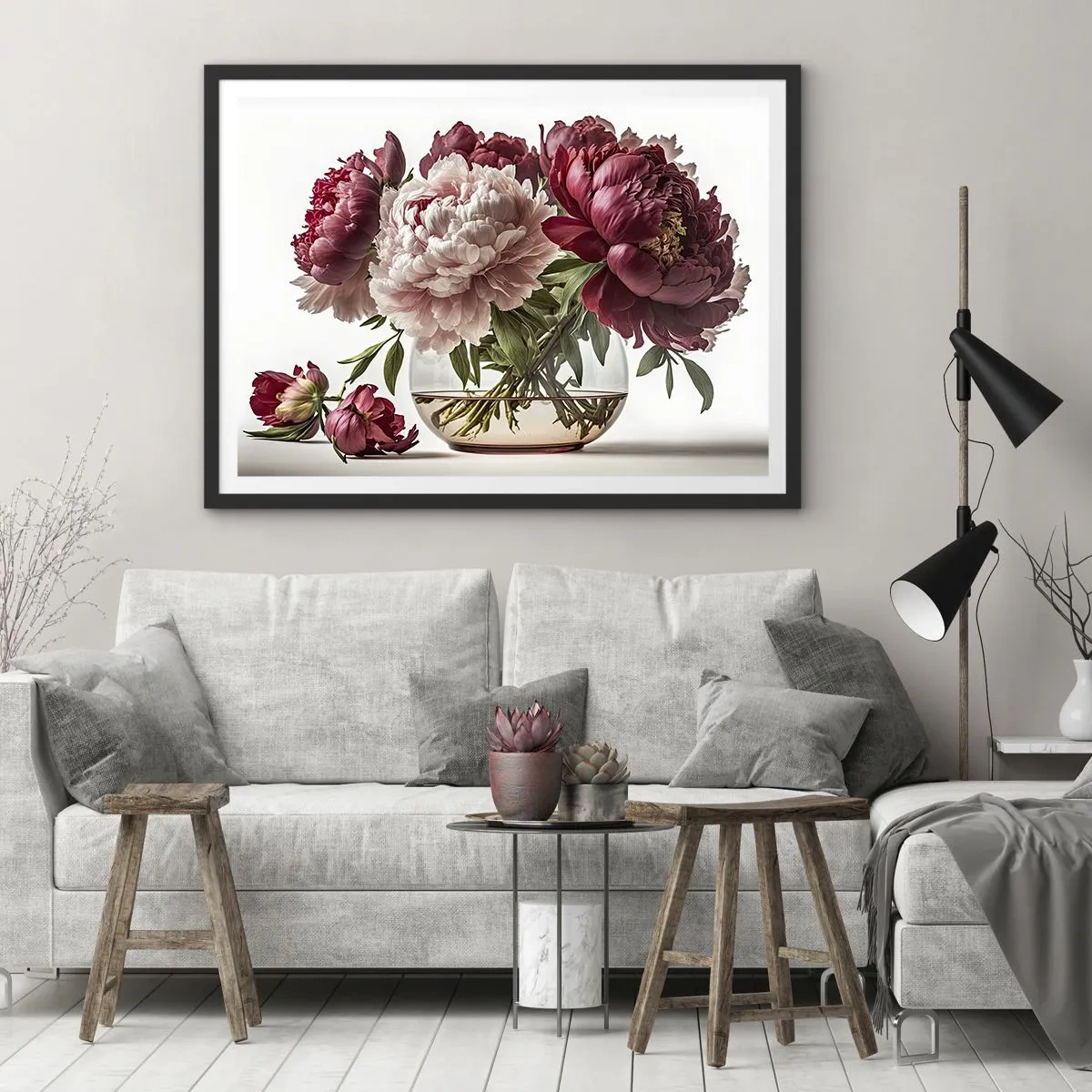 Plakat w czarnej ramie - Bukiet piwonii w odcieniach różu i czerwieni - 70x50cm - W pełnym rozkwicie urody - Nowoczesna dekoracja ścienna do salonu i sypialni ARTTOR