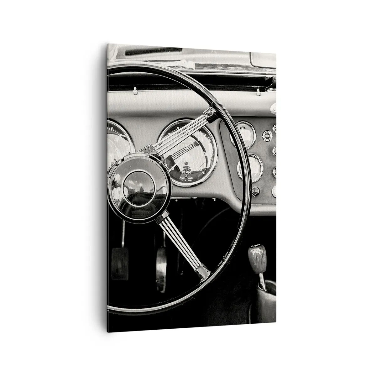 Obraz na płótnie - Czarno-białe wnętrze klasycznego samochodu - 80x120cm - Marzenie kolekcjonera - Nowoczesna dekoracja ścienna do salonu i sypialni ARTTOR