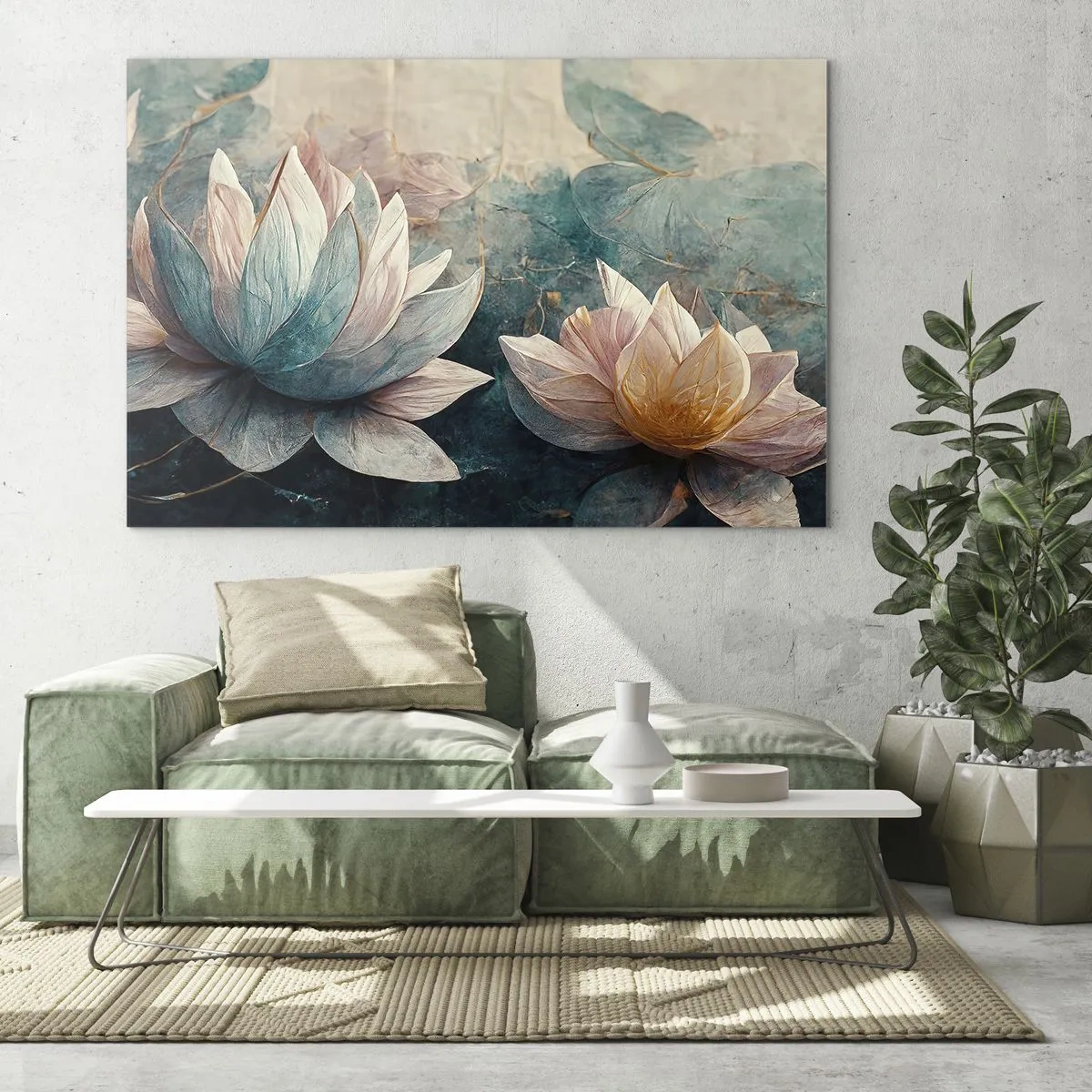 Obraz na szkle - Artystyczne przedstawienie kwiatów lotosu na tle wodnych liści - 70x50cm - Gwiazdy jeziora - Nowoczesna dekoracja ścienna do salonu i sypialni ARTTOR