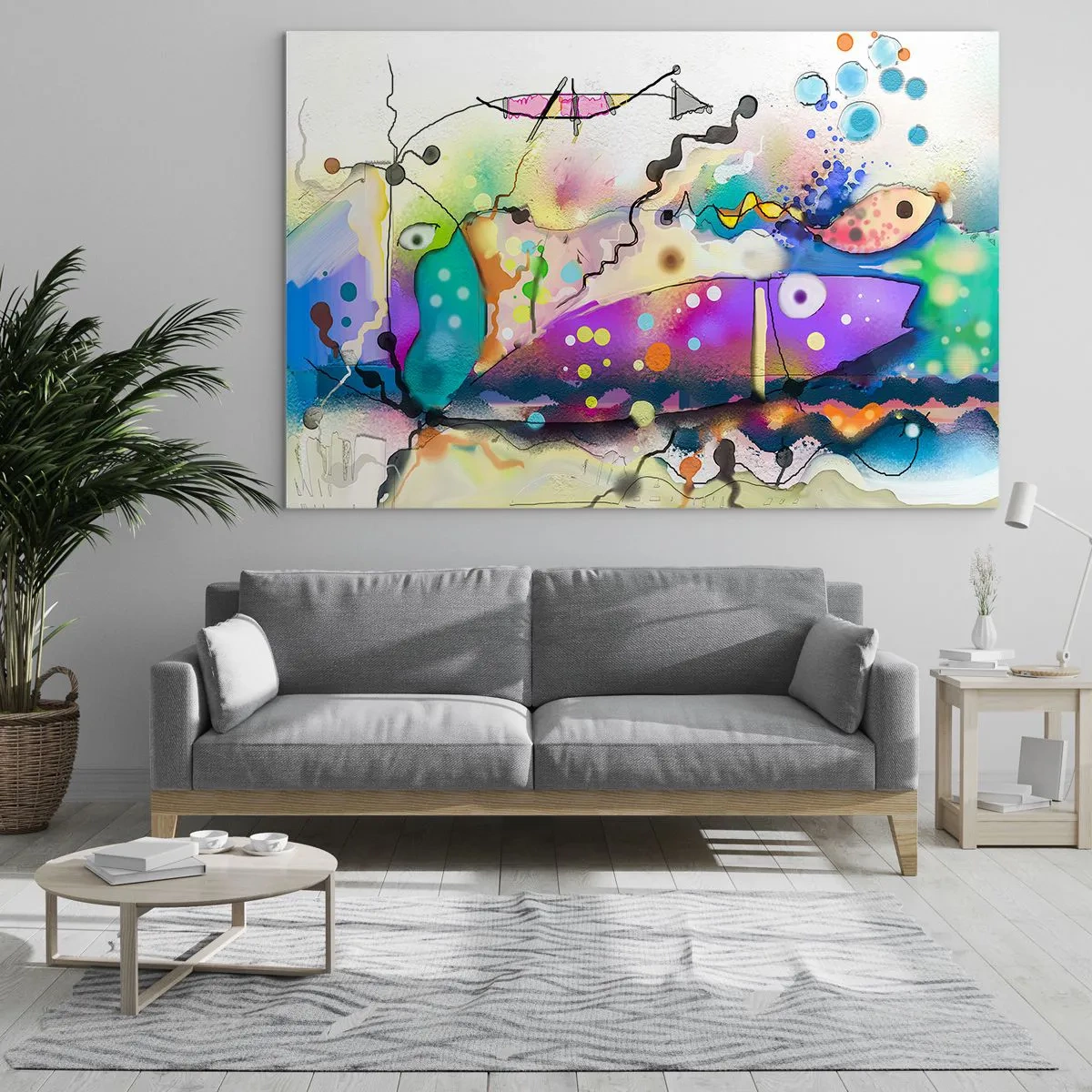 Obraz na szkle - Abstrakcyjna kompozycja z kolorowymi kształtami i liniami - 70x50cm - Brak słów! - Nowoczesna dekoracja ścienna do salonu i sypialni ARTTOR