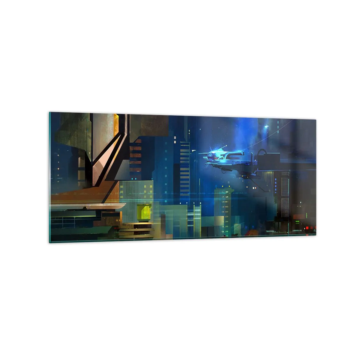 Obraz na szkle - Futurystyczne miasto nocą z neonami i latającym pojazdem - 120x50cm - W niedalekiej przyszłości - Nowoczesna dekoracja ścienna do salonu i sypialni ARTTOR