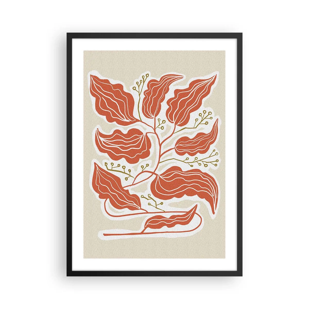 Plakat w czarnej ramie - Abstrakcyjna kompozycja liści w odcieniach pomarańczu i beżu - 50x70cm - Ludowo i koralowo - Nowoczesna dekoracja ścienna do salonu i sypialni ARTTOR