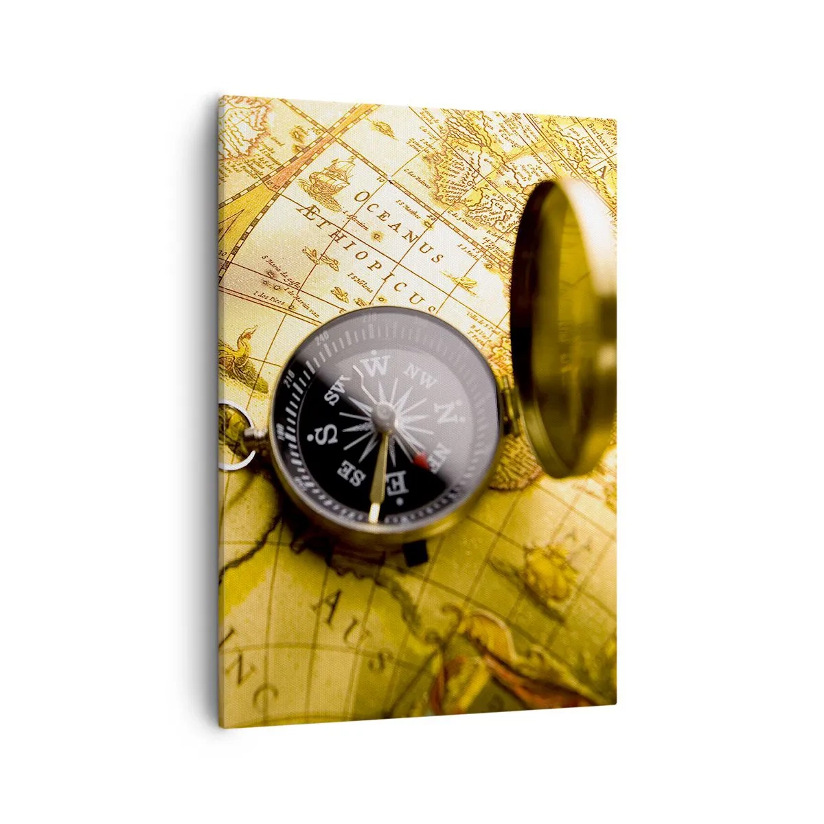 Obraz na płótnie - Kompas na tle mapy w złocistych odcieniach - 50x70cm - A może na kraniec świata? - Nowoczesna dekoracja ścienna do salonu, kuchni i sypialni ARTTOR