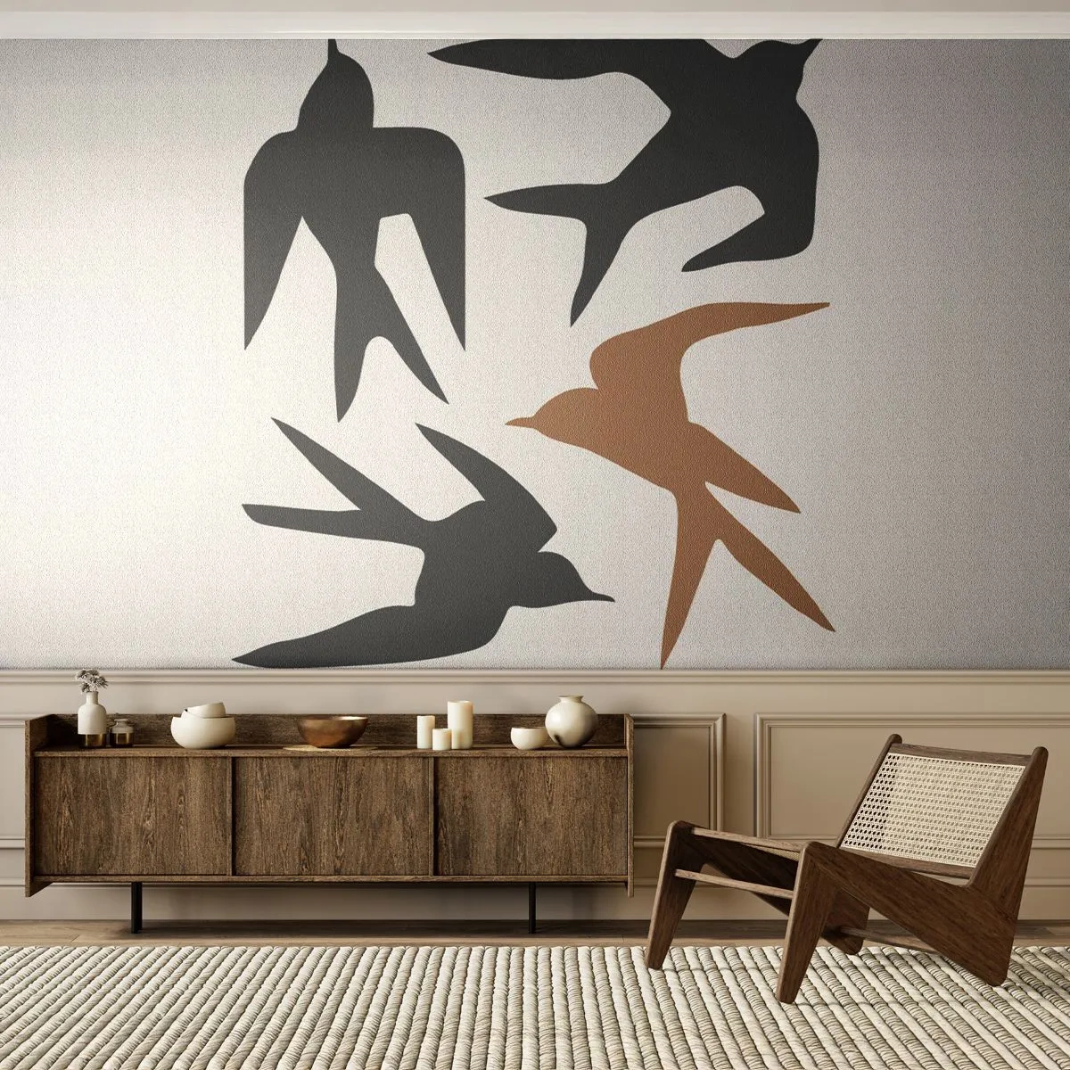 Fototapeta Premium Sand - Stylizowane sylwetki jaskółek w locie na jasnym tle - 100x70cm - Jaskółcze zabawy - Nowoczesna dekoracja ścienna do salonu, kuchni i sypialni ARTTOR