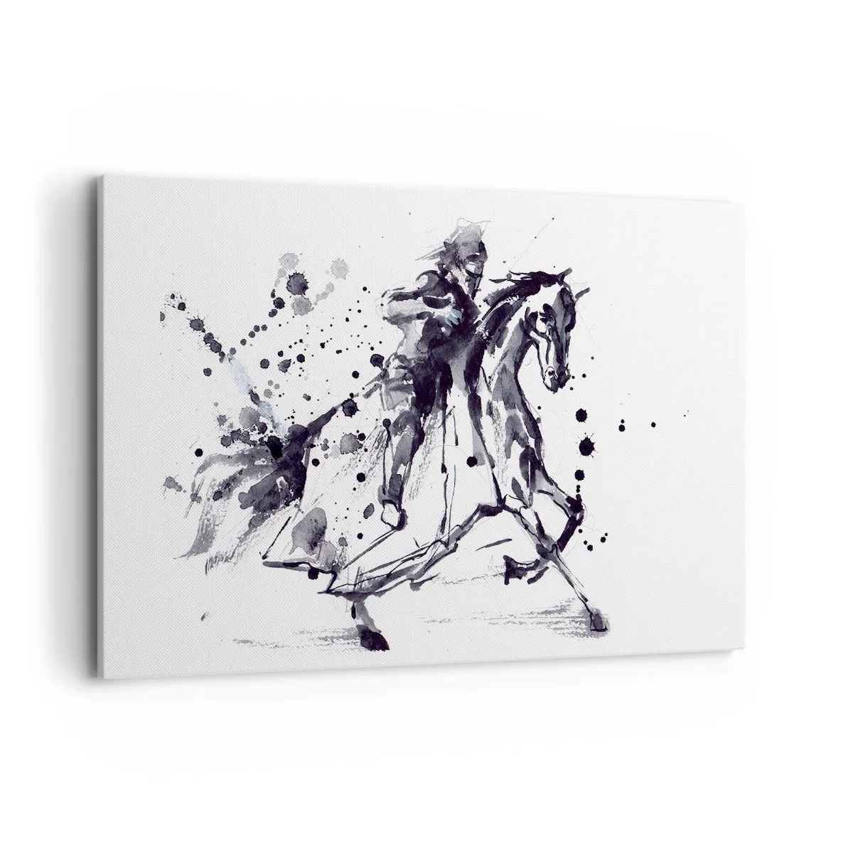 Obraz na płótnie - Czarno-biała akwarela jeźdźca na galopującym koniu - 120x80cm - Czarny rycerz - Nowoczesna dekoracja ścienna do salonu, kuchni i sypialni ARTTOR