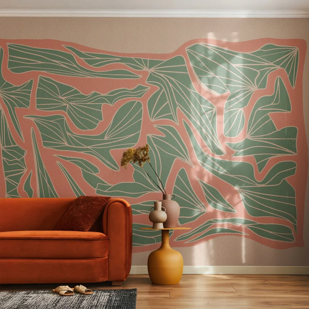 Fototapeta Premium Sand - Zielone liście na tle w kolorze koralu i beżu - 100x70cm - Zmagania koralu i zieleni - Nowoczesna dekoracja ścienna do salonu, kuchni i sypialni ARTTOR