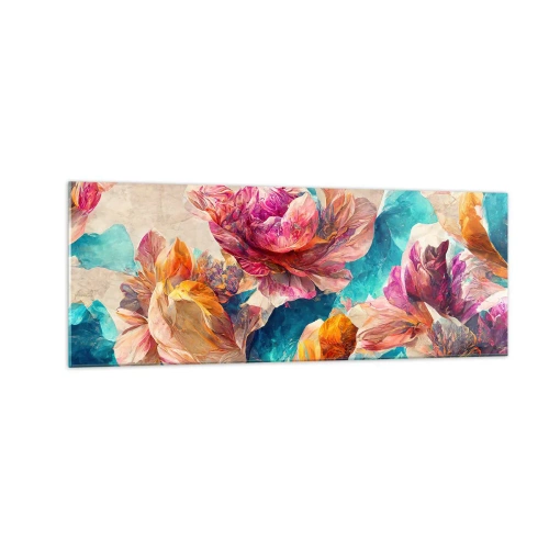 Obraz na szkle - Kolorowe kwiaty na beżowym tle - 140x50cm - Barwny przepych bukietu - Nowoczesna dekoracja ścienna do salonu i sypialni ARTTOR