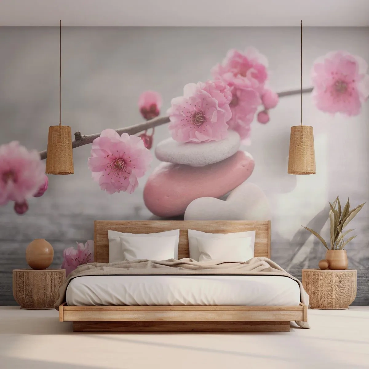 Fototapeta Premium Sand - Kamienie w harmonijnej kompozycji z różowymi kwiatami - 100x70cm - Błogość z kwiatem wiśni - Nowoczesna dekoracja ścienna do salonu, kuchni i sypialni ARTTOR