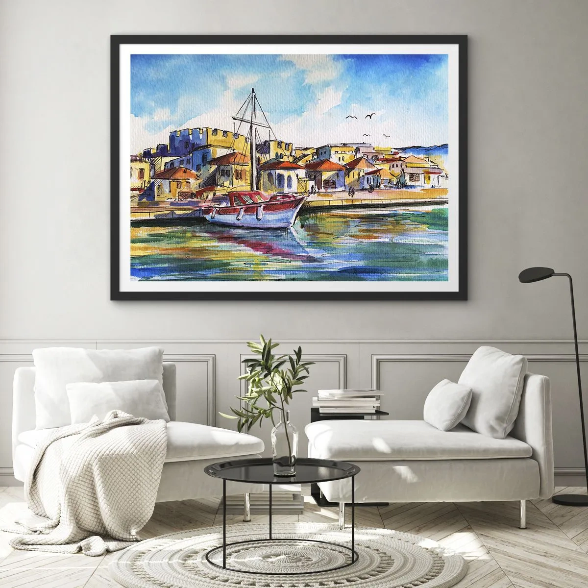 Plakat w czarnej ramie - Malowniczy port z łodzią i kolorowymi budynkami - 100x70cm - Tęczowe popołudnie - Nowoczesna dekoracja ścienna do salonu i sypialni ARTTOR