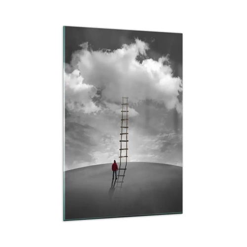 Obraz na szkle - Osoba w czerwonym płaszczu i drabina prowadząca do chmury - 80x120cm - Wszystko możliwe - Nowoczesna dekoracja ścienna do salonu i sypialni ARTTOR