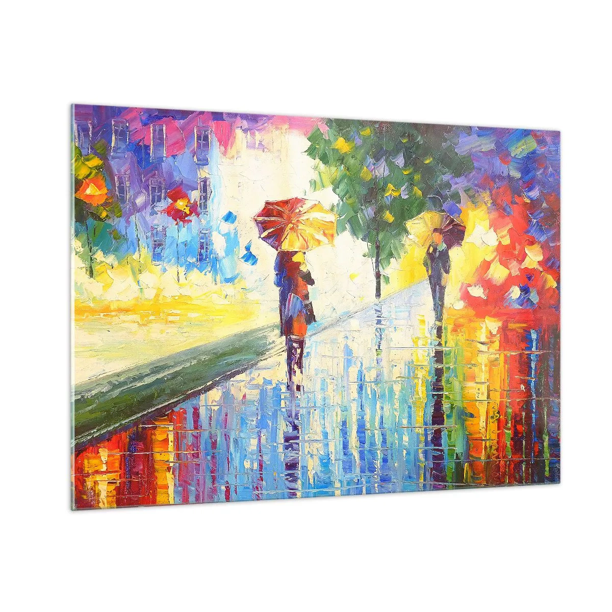 Obraz na szkle - Kolorowy spacer w deszczu z parasolką w impresjonistycznym stylu - 100x70cm - I wszystko jasne - Nowoczesna dekoracja ścienna do salonu, kuchni i sypialni ARTTOR