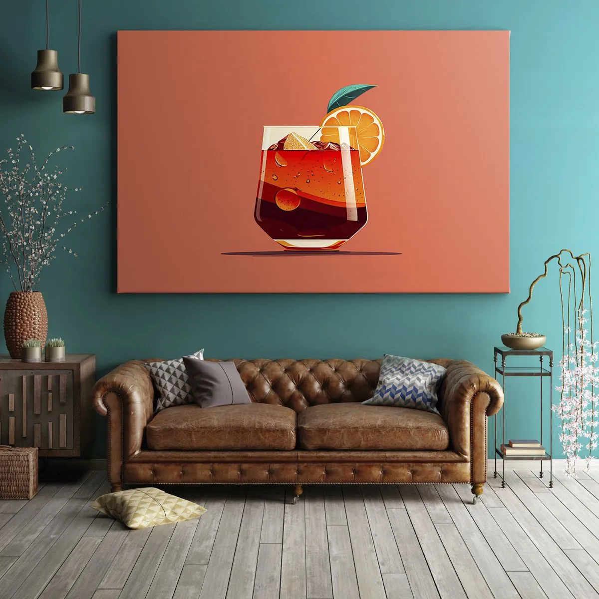 Obraz na płótnie - Szklanka z napojem i plasterkiem pomarańczy na pomarańczowym tle - 70x50cm - Letnie orzeźwienie - Nowoczesna dekoracja ścienna do salonu i sypialni ARTTOR