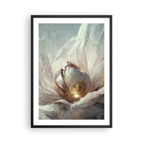 Plakat w czarnej ramie - Subtelna abstrakcja z motywem kwiatu w delikatnych odcieniach bieli i złota - 50x70cm - Rozkwita raz na sto lat - Nowoczesna dekoracja ścienna do salonu i sypialni ARTTOR