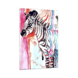 Obraz na szkle - Kolorowa zebra w stylu akwarelowym - 50x70cm - Beztroski żart natury - Nowoczesna dekoracja ścienna do salonu, kuchni i sypialni ARTTOR