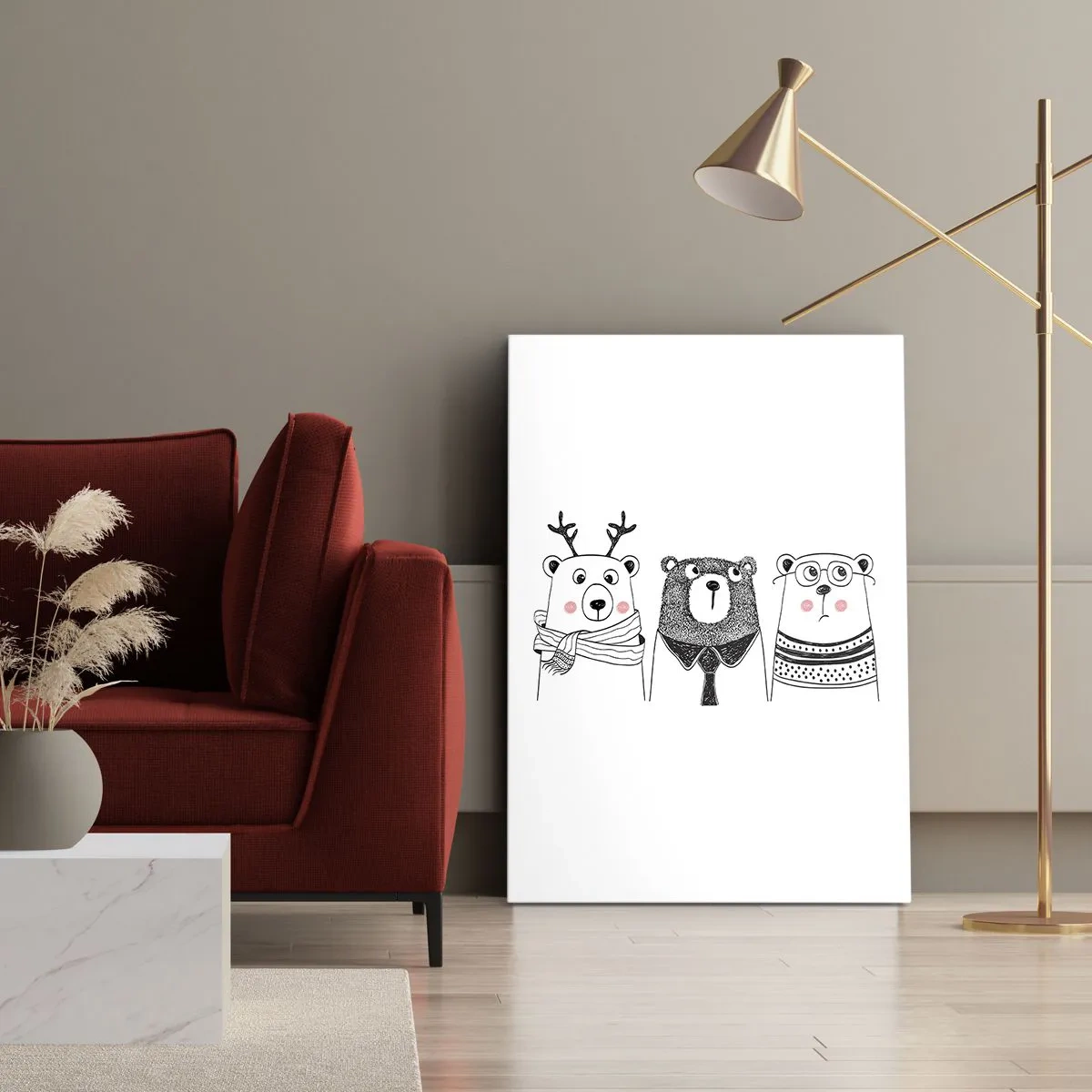 Obraz na płótnie - Minimalistyczne misie w zabawnym wydaniu - 50x70cm - Miś, misiaczek i misio - Nowoczesna dekoracja ścienna do salonu, kuchni i sypialni ARTTOR