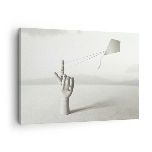 Obraz na płótnie - Minimalistyczna ręka drewniana z latawcem na tle pejzażu - 70x50cm - Próba sił - Nowoczesna dekoracja ścienna do salonu i sypialni ARTTOR
