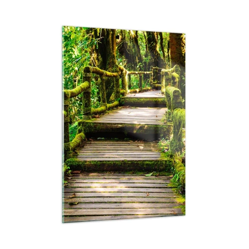 Obraz na szkle - Drewniana ścieżka w zielonym lesie porośniętym mchem - 50x70cm - Korytarzem zieleni - Nowoczesna dekoracja ścienna do salonu, kuchni i sypialni ARTTOR