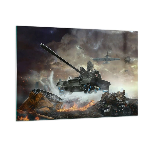 Obraz na szkle - Czołg w akcji na tle dramatycznego pola bitwy - 120x80cm - Bitwa jest straszna i piękna - Nowoczesna dekoracja ścienna do salonu, kuchni i sypialni ARTTOR
