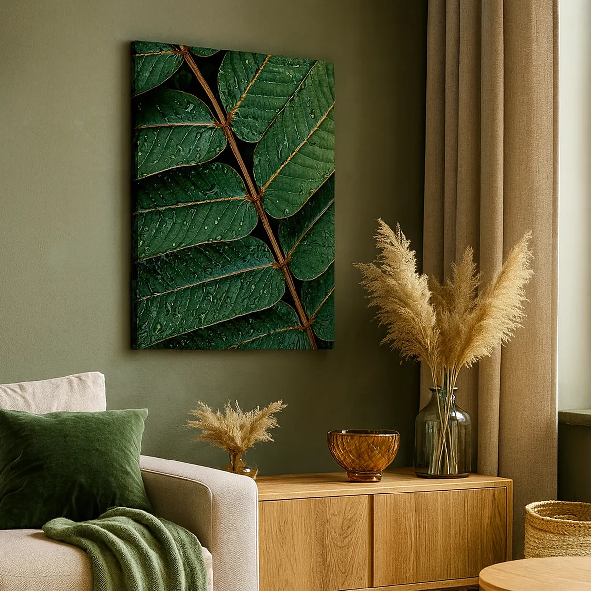 Obraz na płótnie - Zbliżenie na zielone liście z kroplami wody - 50x70cm - W zielonym rytmie - Nowoczesna dekoracja ścienna do salonu, kuchni i sypialni ARTTOR