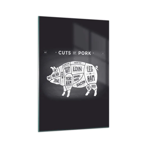Obraz na szkle - Diagram cięć wieprzowych na czarnym tle - 70x100cm - Elementarz masarza - Nowoczesna dekoracja ścienna do salonu i sypialni ARTTOR