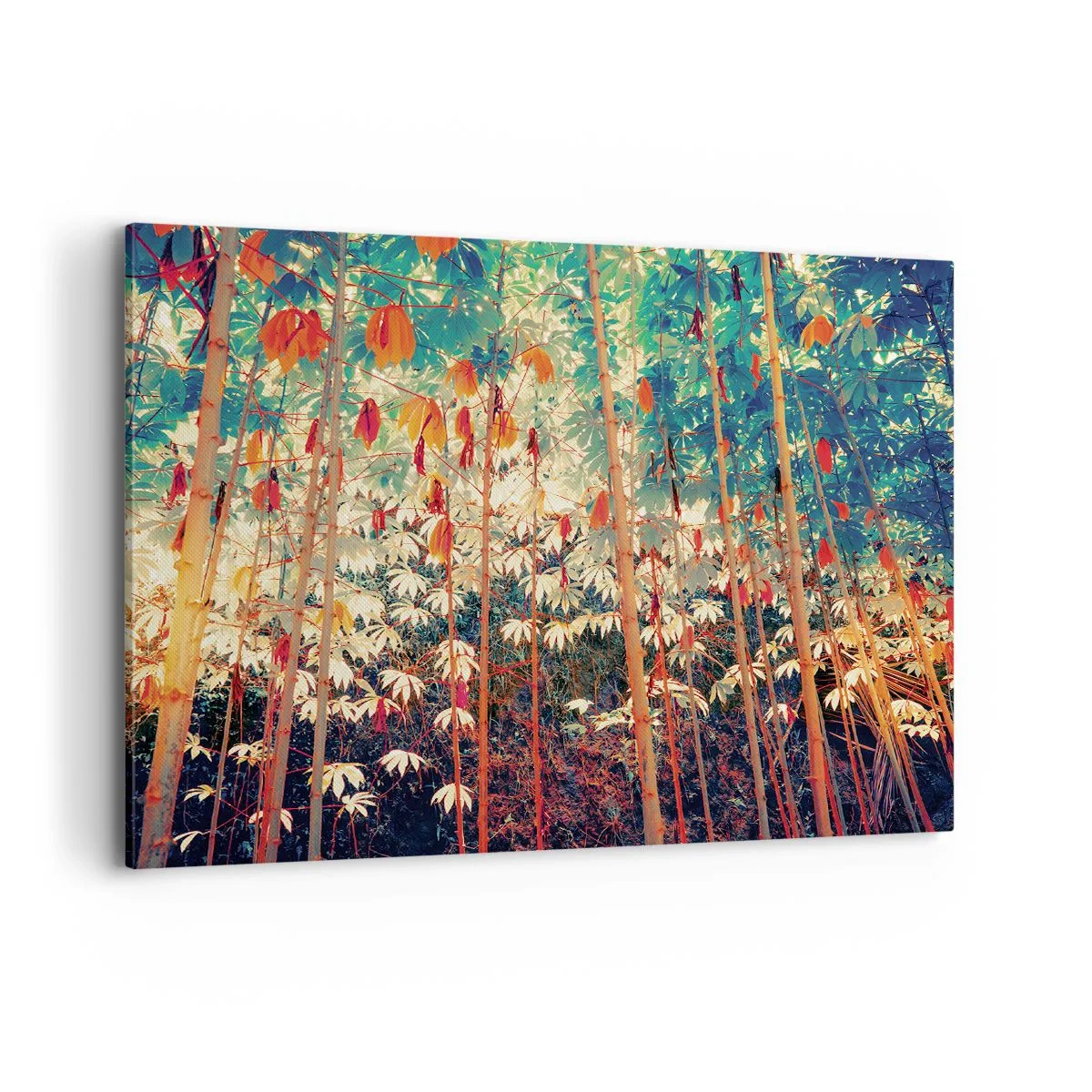 Obraz na płótnie - Kolorowy las bambusowy z intensywnymi barwami - 100x70cm - Tajemne życie liści - Nowoczesna dekoracja ścienna do salonu, kuchni i sypialni ARTTOR