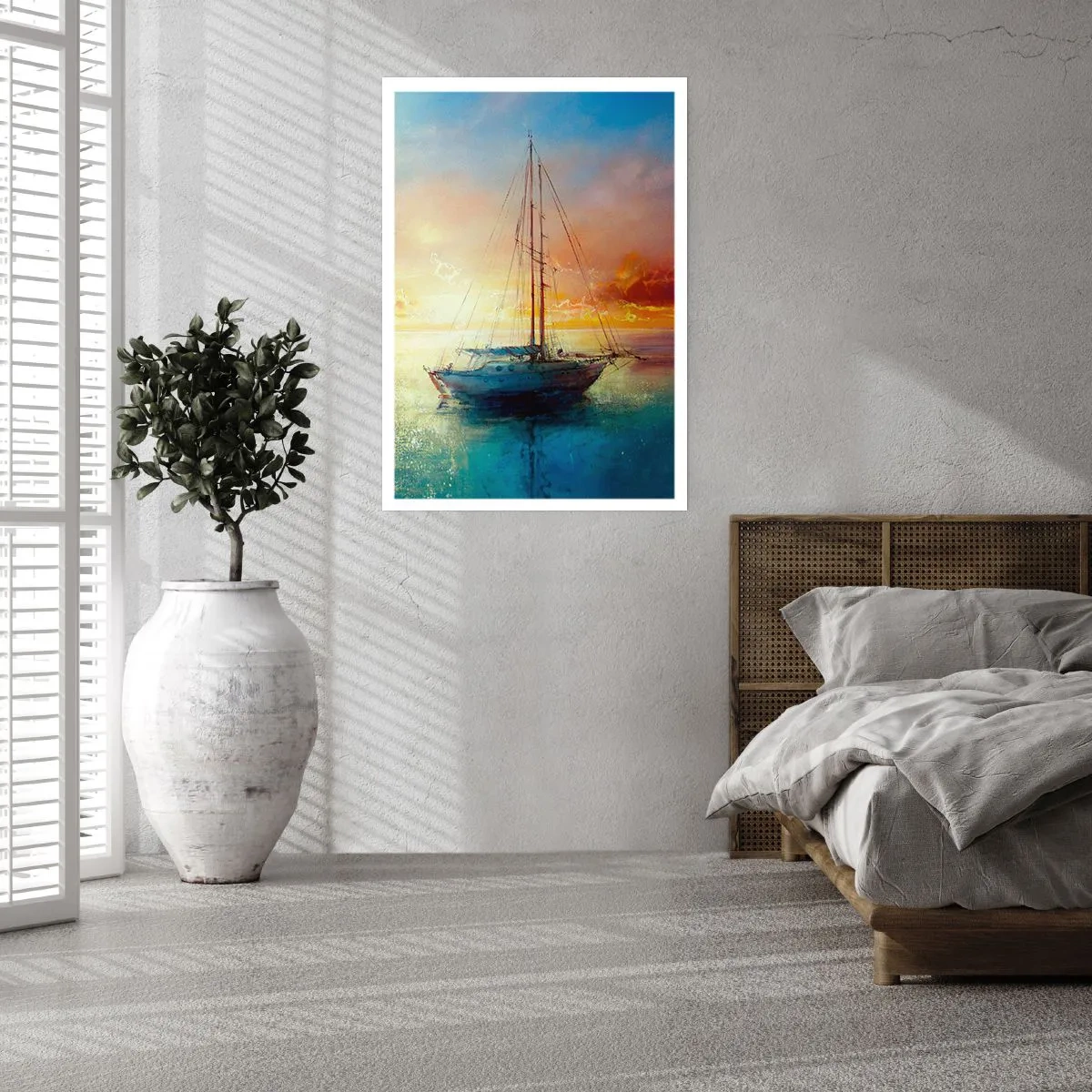Plakat - Jacht na spokojnym morzu przy zachodzącym słońcu - 50x70cm - W złotej zatoce - Nowoczesna dekoracja ścienna do salonu, kuchni i sypialni ARTTOR